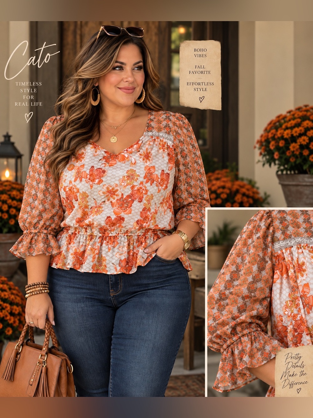 CATO Floral Sheer Mixed Media V Neck Peplum Top EUC